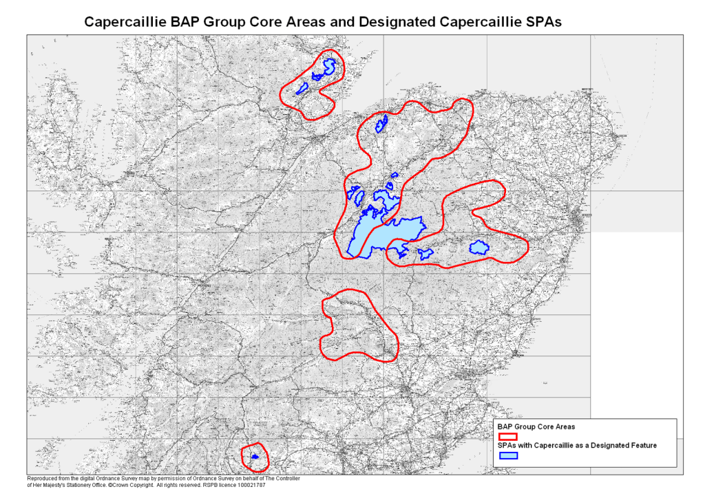 Map of Scotland outlining the distribution of SPA's all of which are also IBA's.  Capercaillie core areas were an effective mechanism for targeting resource. 