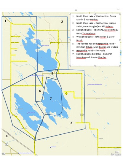 The IBA was split into 7 survey sections, 4 to be accessed by vehicle, 1 by boat and 2 on foot.